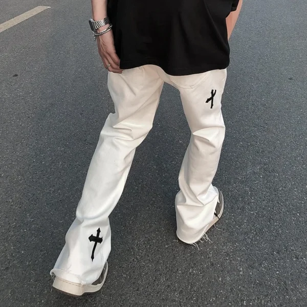 ICCLEK High Street Loose Casual Pants Men's Embroidered Cross Flare Pants Jeans for Men Men Jeans Denim Jeans for Men - Image 4