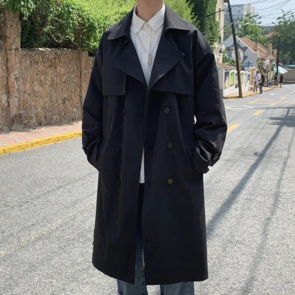 Korean style Spring Trench Coat Male Streetwear Windbreaker Trenchcoat Men Solid Business Casual Loose Long Overcoat - Image 3