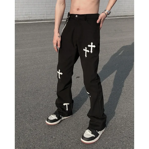 ICCLEK High Street Loose Casual Pants Men's Embroidered Cross Flare Pants Jeans for Men Men Jeans Denim Jeans for Men