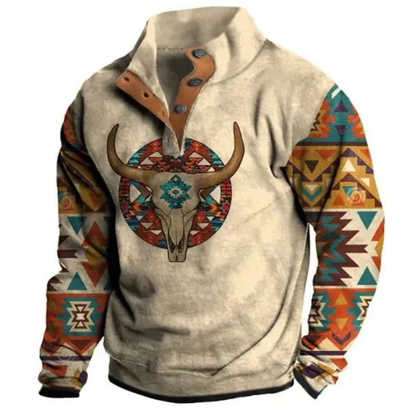 Men's Hoodie Autumn Long Sleeve Sweatshirt Vintage Aztec Cow Skull Print Oversized Y2K Clothing Button Fashion Hoodies for Men - Image 2