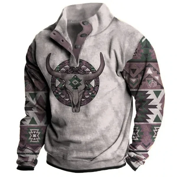 Men's Hoodie Autumn Long Sleeve Sweatshirt Vintage Aztec Cow Skull Print Oversized Y2K Clothing Button Fashion Hoodies for Men - Image 3