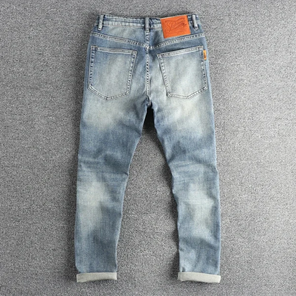 13oz Embroidery Light Blue Washed Denim Jeans for Men 2024 Spring Fashion Slim Fit Pants Clothes for Youth Male Casual Trousers - Image 2