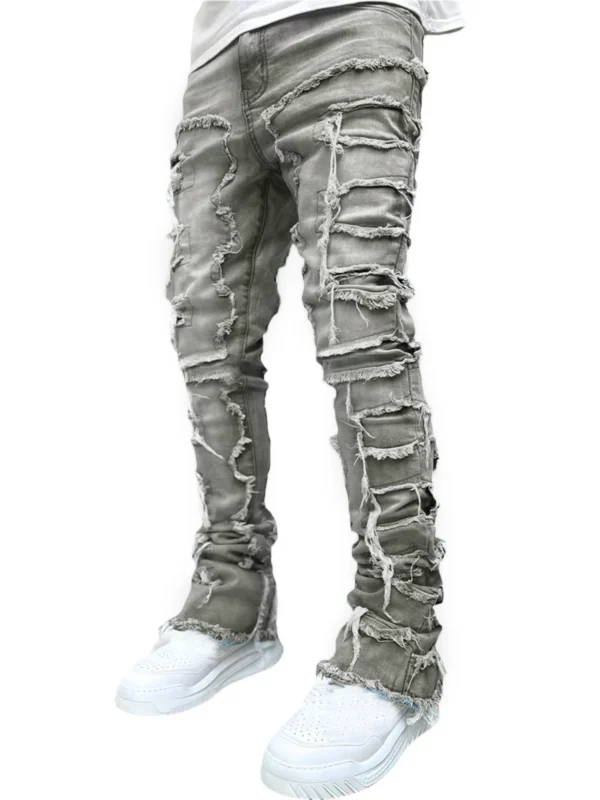 Men Skinny Pants Vintage Patch Frayed Denim Pants Spring Fall Casual Leggings Trousers with Pockets - Image 3