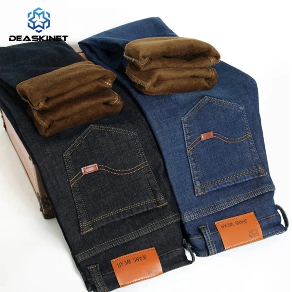 Men Winter Fleece Warm Fashion Business Pants Jeans Brand Retro Classic Denim Trousers 2024 Autumn Casual Stretch Slim Jeans Men