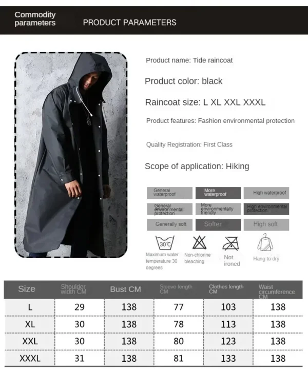 New Black Fashion Adult Waterproof Long Raincoat Ladies Men Raincoat Hooded Outdoor Hiking Trip Fishing Mountaineering - Image 6