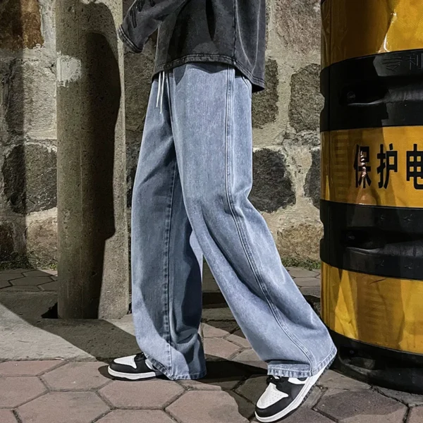 Korean Fashion Men's Baggy Jeans Elastic Waist Classic olid Color Straight-leg Denim Wide-leg Pants Male Light Blue Grey Black - Image 6