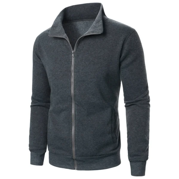 Men's casual sports zipper stand collar hoodie coat men's solid color cardigan - Image 2