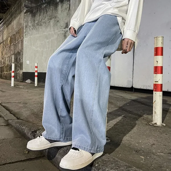 Korean Fashion Men's Baggy Jeans Elastic Waist Classic olid Color Straight-leg Denim Wide-leg Pants Male Light Blue Grey Black - Image 5