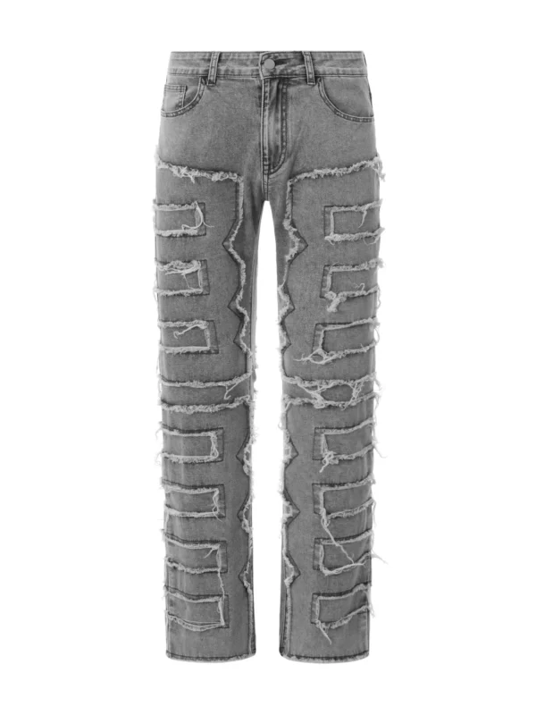 Men Skinny Pants Vintage Patch Frayed Denim Pants Spring Fall Casual Leggings Trousers with Pockets - Image 5