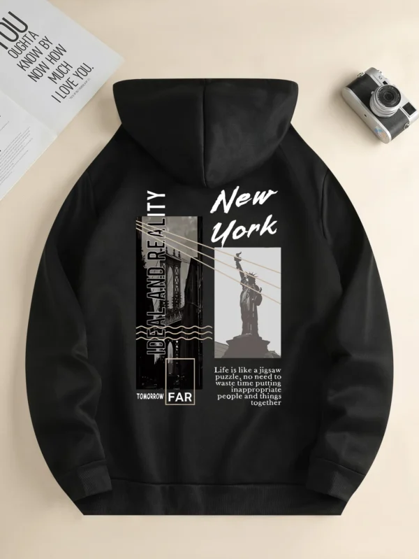 Men's new fashion hoodie, Casual Daily Drawstring Hooded Sweatshirt Street View Print, front kangaroo pocket, men's jacket - Image 4