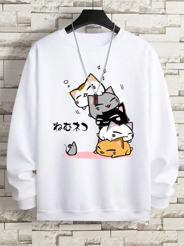 Cute Stacked Cats Sleep Clothing Man Hoody Hip Hop O-Neck Sweatshirts Vintage Casual Loose Hoodies Autumn New Loose Clothes