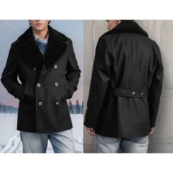 Stylish Men s Wool Pea Coat with Contrast Color Detail Double Breasted Design and Warm Long Sleeves - Perfect Winter Cardigan - Image 5