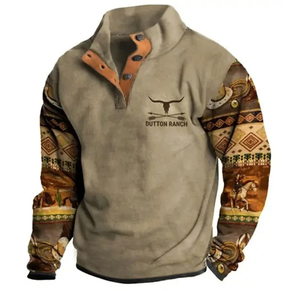 Men's Hoodie Autumn Long Sleeve Sweatshirt Vintage Aztec Cow Skull Print Oversized Y2K Clothing Button Fashion Hoodies for Men