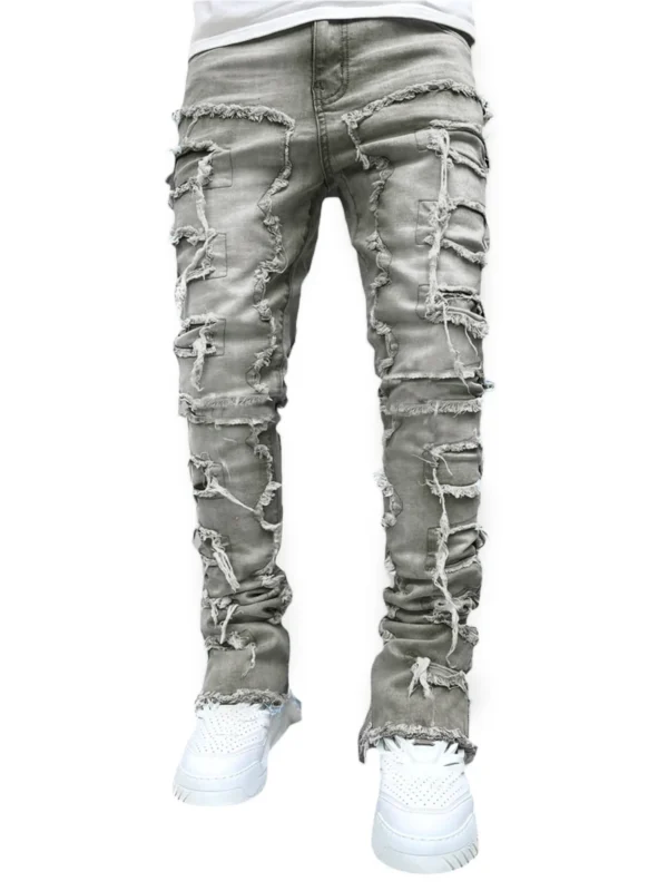 Men Skinny Pants Vintage Patch Frayed Denim Pants Spring Fall Casual Leggings Trousers with Pockets