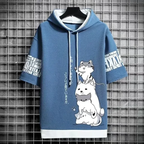 T Shirt for Men Hoodies Summer Sport Clothing Cat Casual T-shirt Harajuku Streetwear Print Hooded Top Short Sleeve Sweatshirts - Image 5