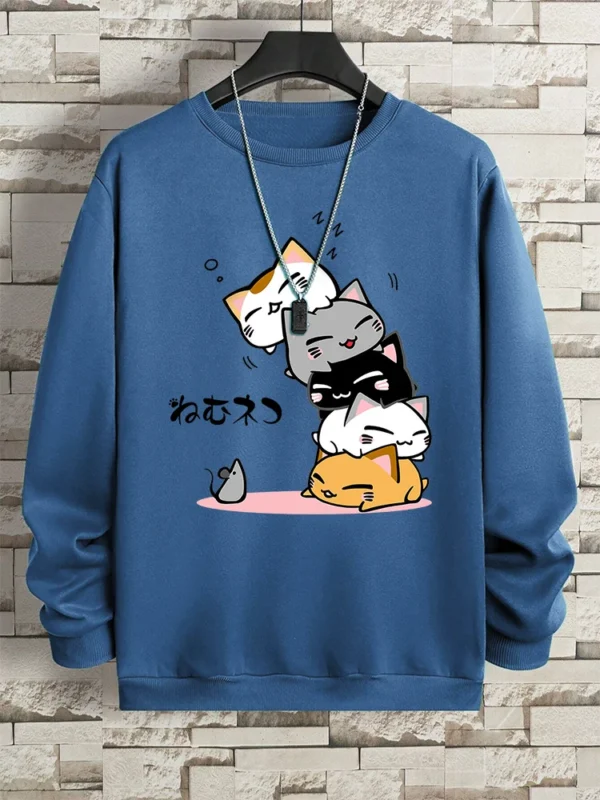 Cute Stacked Cats Sleep Clothing Man Hoody Hip Hop O-Neck Sweatshirts Vintage Casual Loose Hoodies Autumn New Loose Clothes - Image 2