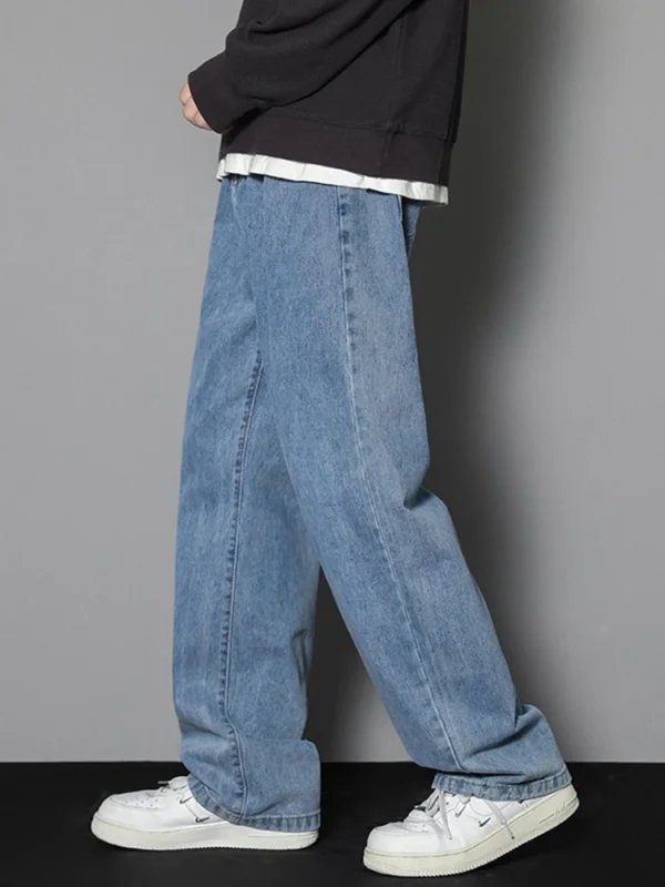 2024 New Korean Men's Casual Long Jeans Classic Man Straight Denim Wide-leg Pants Solid Color Light Blue Grey Black 3XL