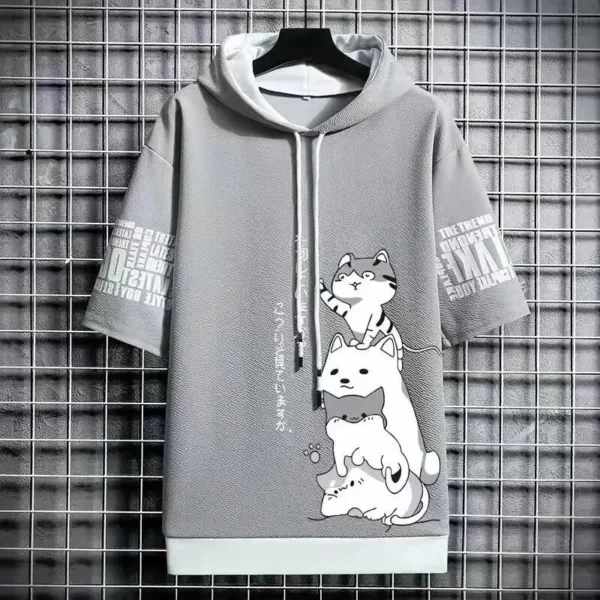 T Shirt for Men Hoodies Summer Sport Clothing Cat Casual T-shirt Harajuku Streetwear Print Hooded Top Short Sleeve Sweatshirts - Image 3