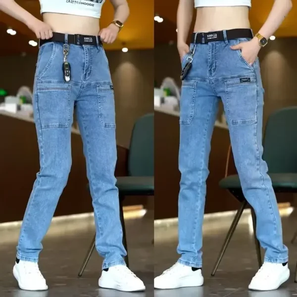 Korea Fashion Men Jeans Cargo Denim Pants Casual Blue Gray Pocket Denim Pants Straight Jean Womens Streetwear - Image 2