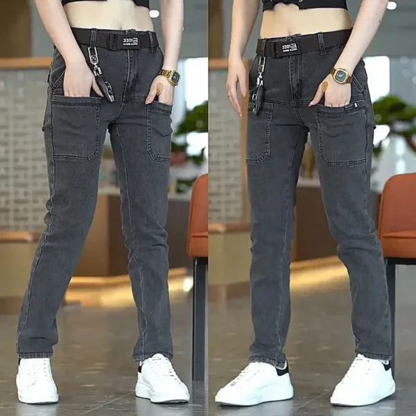 Korea Fashion Men Jeans Cargo Denim Pants Casual Blue Gray Pocket Denim Pants Straight Jean Womens Streetwear - Image 3