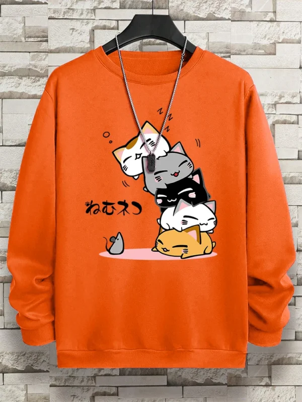 Cute Stacked Cats Sleep Clothing Man Hoody Hip Hop O-Neck Sweatshirts Vintage Casual Loose Hoodies Autumn New Loose Clothes - Image 3