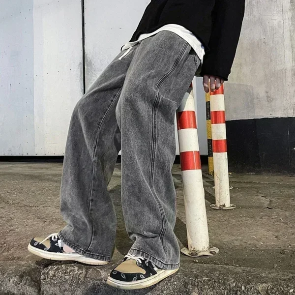 2024 New Streetwear Loose Jeans Men Korean Style Fashion Loose Straight Wide Leg Pants Men's Brand Clothing Black Light Blue - Image 3