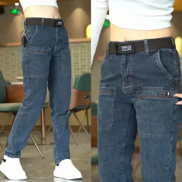 Korea Fashion Men Jeans Cargo Denim Pants Casual Blue Gray Pocket Denim Pants Straight Jean Womens Streetwear